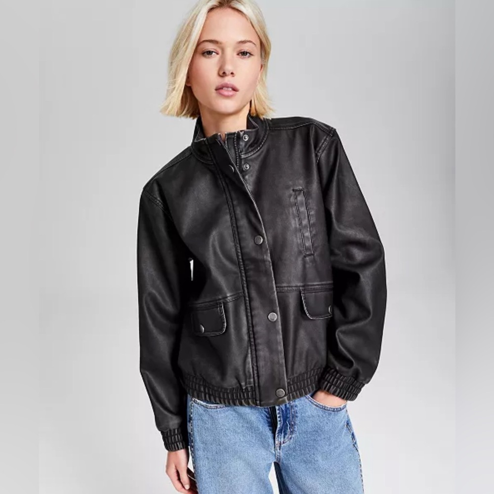 Women's Faux Leather Zip-Front Bomber Jacket